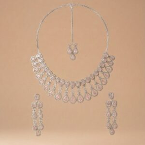 Rose Pink American Diamond Choker Set With Maang Tikka (Pink)
