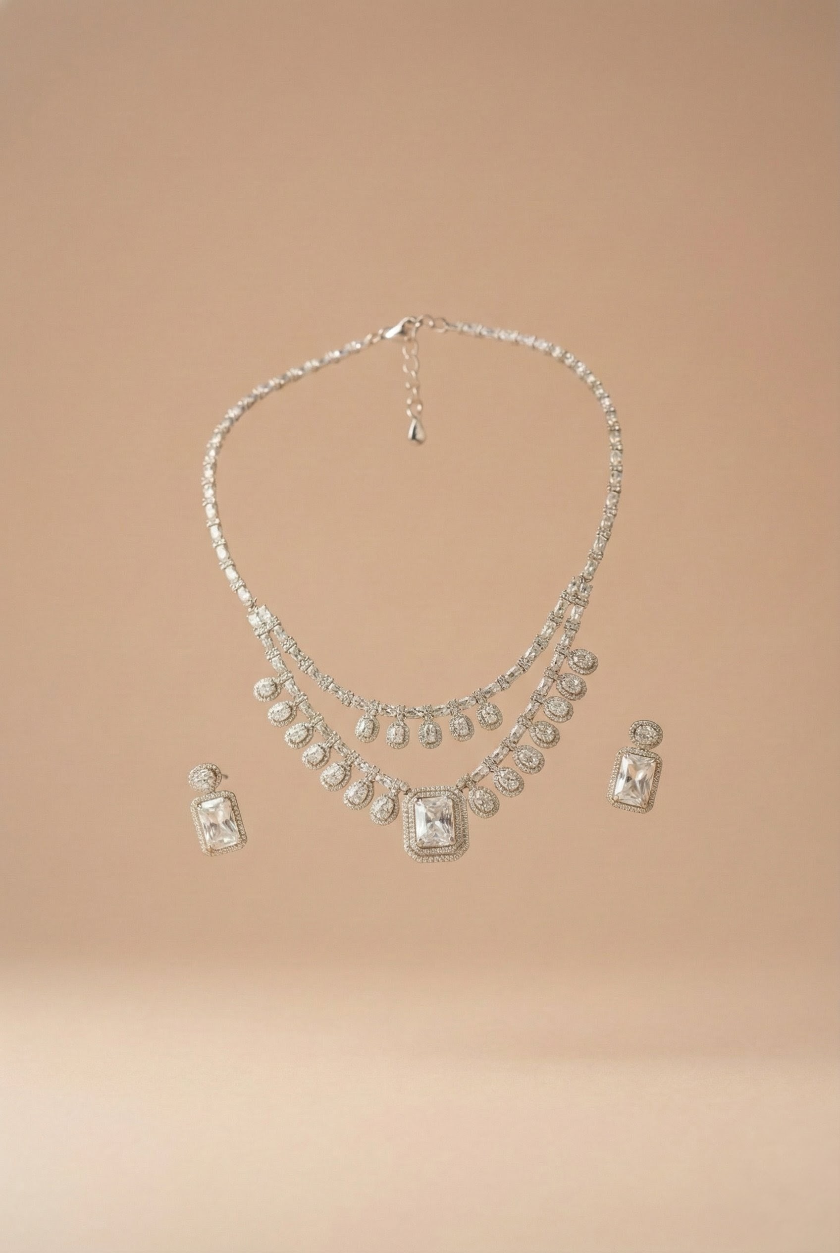 Double-Strand Crystal Bridal Neaklace & Earrings White Stone - Image 2