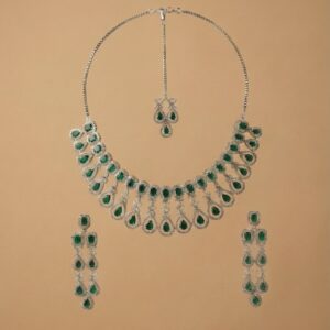 Rose Pink American Diamond Choker Set With Maang Tikka (Green )