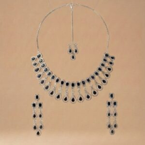Rose Pink American Diamond Choker Set With Maang Tikka (Black)