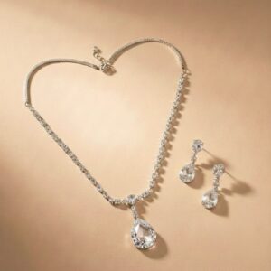 Crimson Pear-Cut Ruby-Style Pendant Necklace & Earring Set ( White)