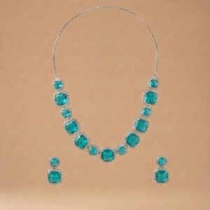 Crystal Necklace And Earring Set- Silver Tone Square Gemstone Jewelry For Women(Light Green)