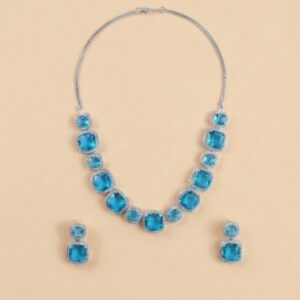 Crystal Necklace And Earring Set- Silver Tone Square Gemstone Jewelry For Women(Light Blue)