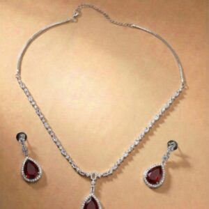 Crimson Pear-Cut Ruby-Style Pendant Necklace & Earring Set ( Red)