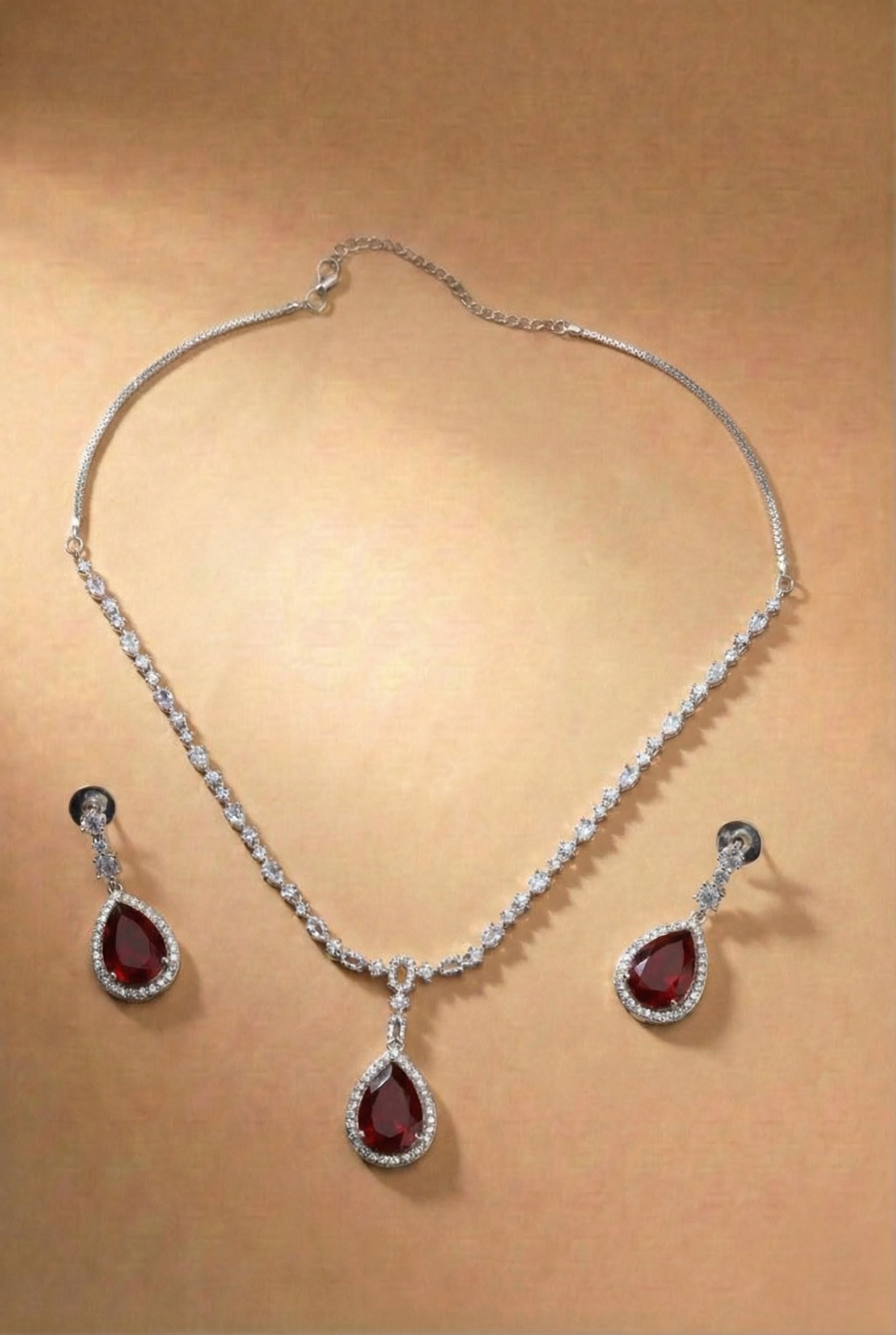Crimson Pear-Cut Ruby-Style Pendant Necklace & Earring Set ( Red)