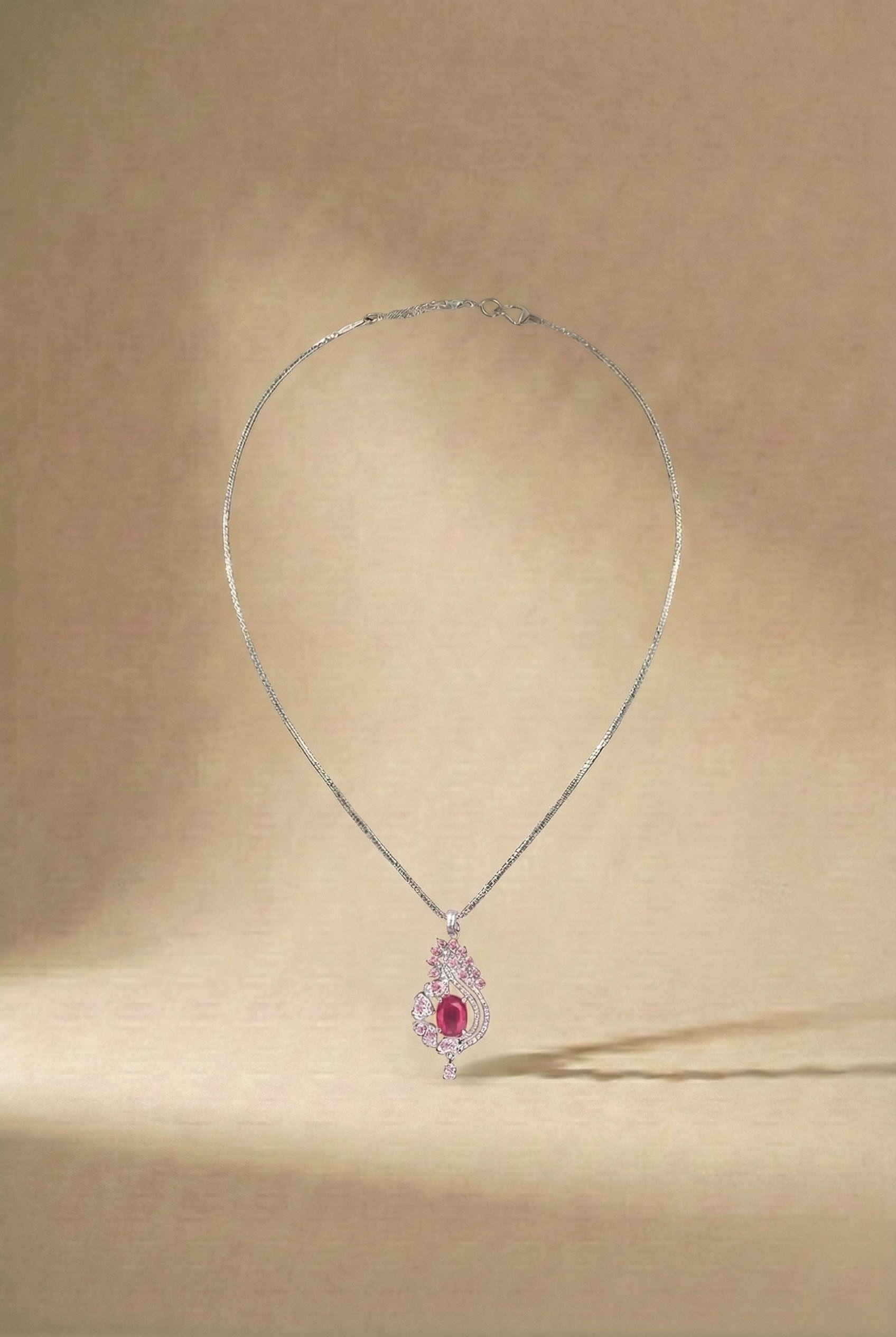 Elegant Ruby Pendant Necklace In Silver Finish Lustra Premium Jewellery(Pink)