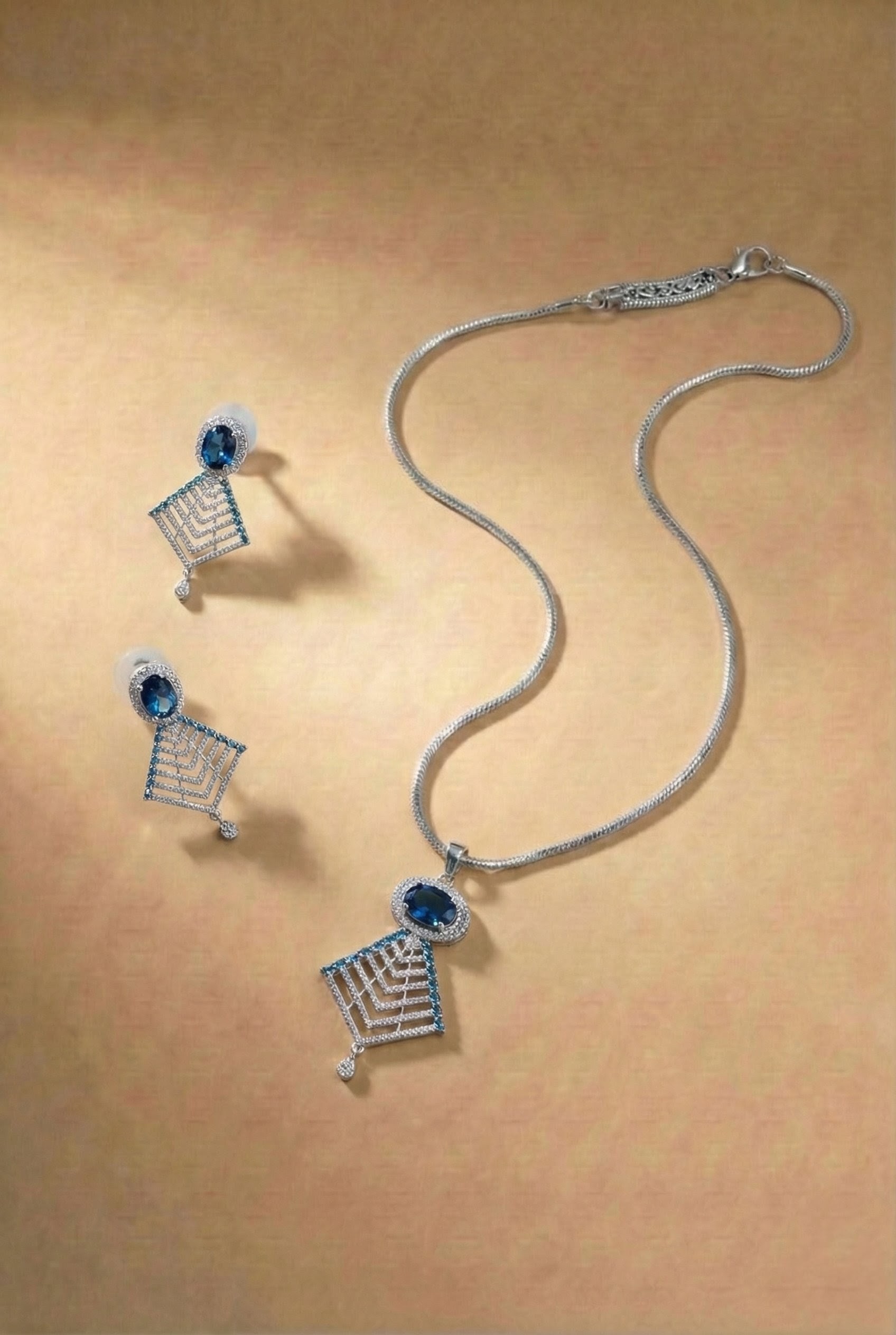 Oceanic Azure Filligree Pendant And Drop Earring set