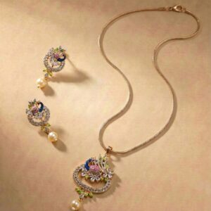 Traditional Garden-Inspired Floral & Peacock Pendant Set Lustra Premium Jewelry