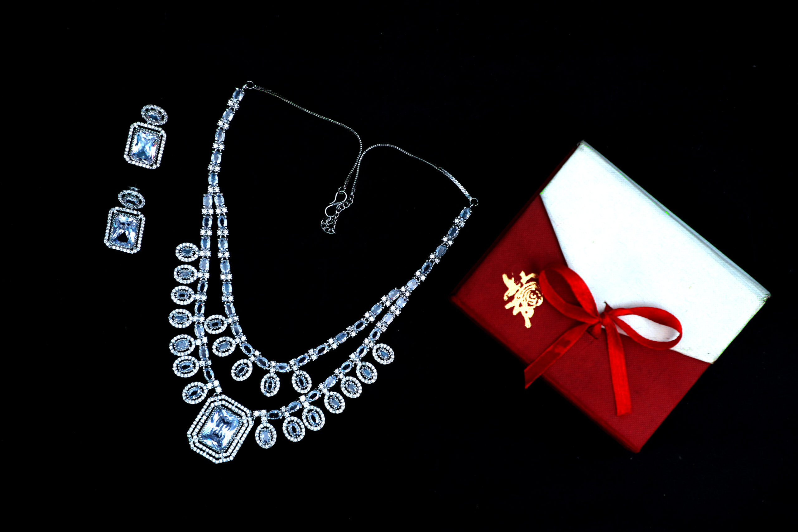 Double-Strand Crystal Bridal Neaklace & Earrings White Stone - Image 3