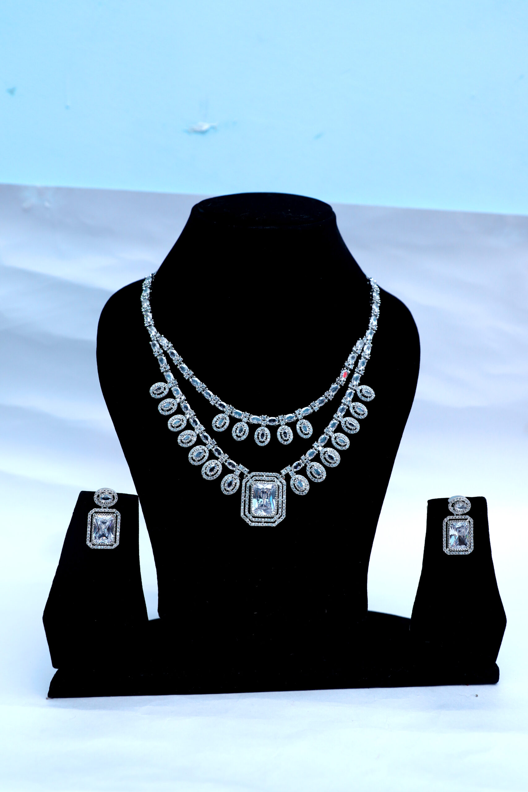 Double-Strand Crystal Bridal Neaklace & Earrings White Stone