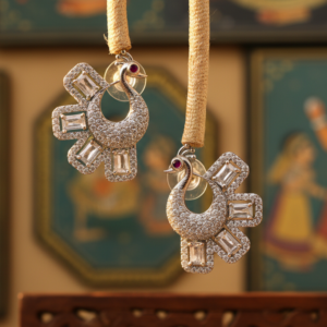 Emerald & American Diamond Peacock Stud Earrings in White Gold Finish (White)